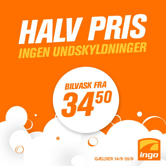 Kampagne på bilvask til halv pris. Bilvask fra 34,50 kr. Gælder 14.-20. september